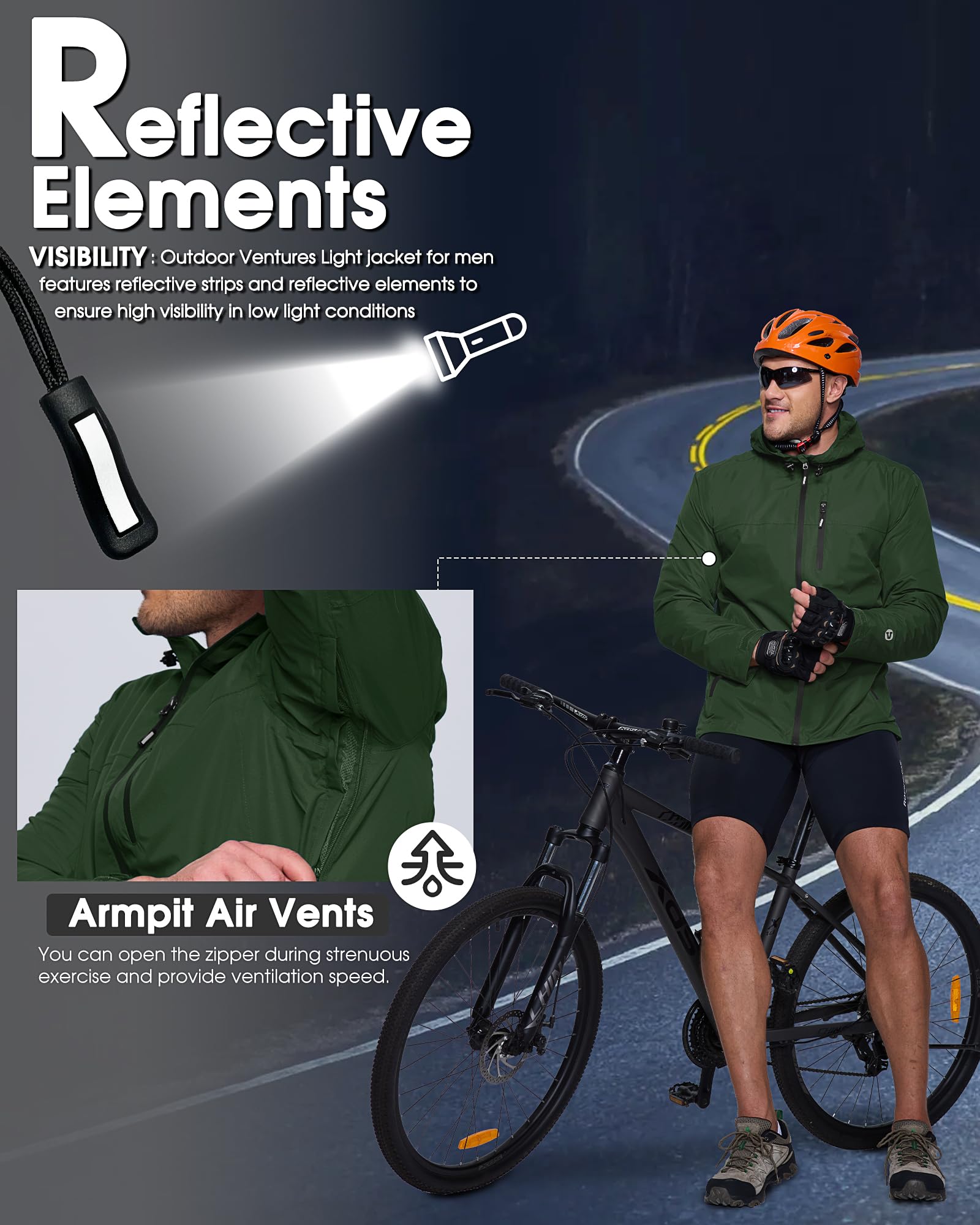 Outdoor Ventures Regenjacke Herren Wasserdicht Atmungsaktiv, Packbar Fahrrad Jacke Leichte Windbreaker zum Freizeit Wandern Camping Dunkelgrün/Schwarz L 3