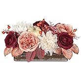 DILATATA Fall Decor Autumn Harvest Pumpkins Centerpiece - Artificial Rose Chrysanthemum Flowers Berries Arrangement in Rectangle Wooden Box for Thanksgiving Party Mantel Fall Decor