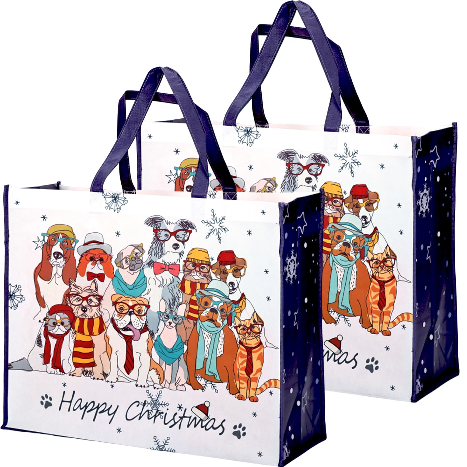 Gyoungt 50 * 40 * 20cm Large Christmas Tote Bags with Handle, 2 Pack Dog Cat Pet Lover Gift Bag Jumbo Xmas Gift Bags Non-Woven Shopping Bags for Gift Wrapping
