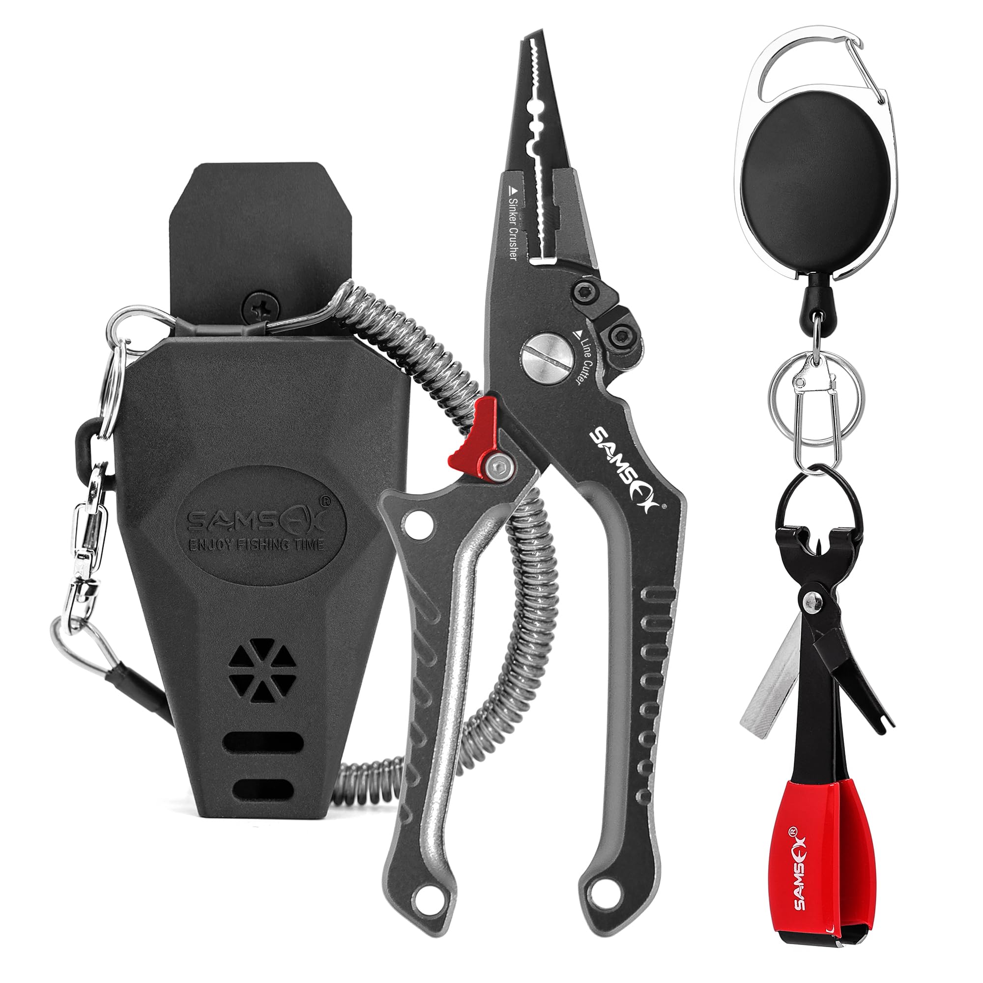 SAMSFX Aluminum Saltwater Fishing Pliers Locking with Quick Nail Knot Tying Tool and Zinger Retractor (Dark Grey & Red)