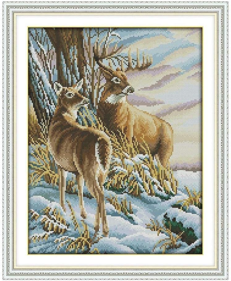 HNZXHYC Deer Chinese Green Cotton Cross Stitch Printing 14 11CT DIY Wedding Gift Home Decoration (Número CT de Tela de Punto de Cruz : 11CT unprinted)