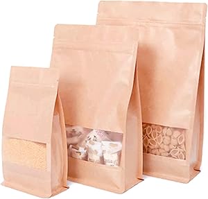 Pholu 50Pcs Window Bags Food Grade Bean Coffee Tea Nut Kraft Brown Paper Stand Up Flat Bottom Pouch Resealable Reusable Zip Lock Heat Sealable Tear Notch