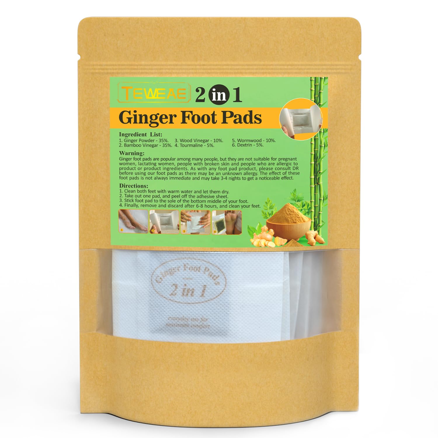 TEWEAE Ginger Foot Pads, Upgrade 2-in-1, Easy to Use, Premium Natural Ingredients Ginger Powder, Bamboo Vinegar Wormwood Foot Pads with ''Stay in Place'' Adhesive (20 Pads)