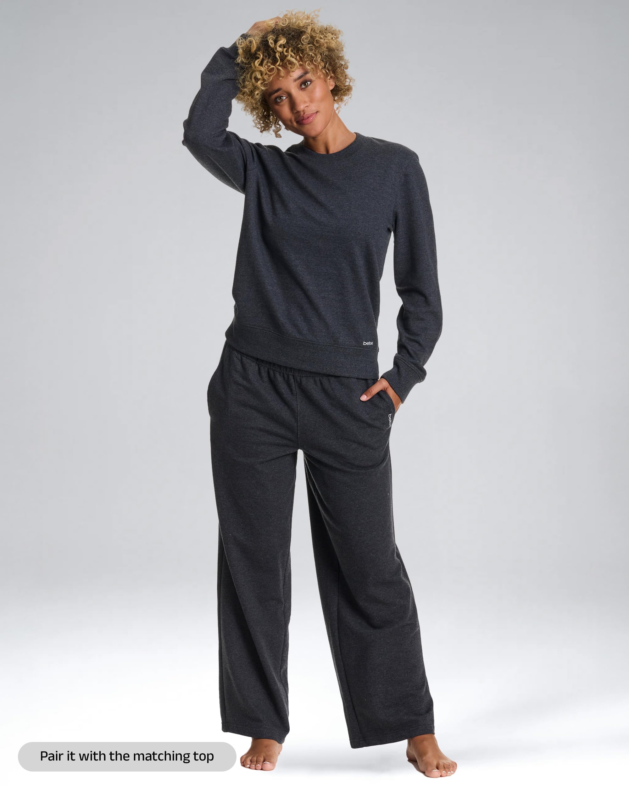 Bebe French Terry Baggy Sweatpants with Pockets, Wide Leg, Grey (Charcoal Heather, Medium)
