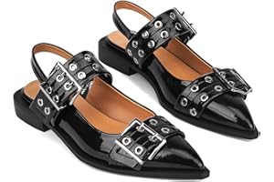 Yishaweiqi Wide Welt Buckle Ballet Flats for Women Slingback Flats Casual Ballerina Shoes Flat Squared Block Heel Pumps