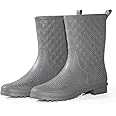 Petrass Women Rain Boots Black Waterproof Mid Calf Lightweight Cute Booties Fashion Out Work Comfortable Garden Shoes