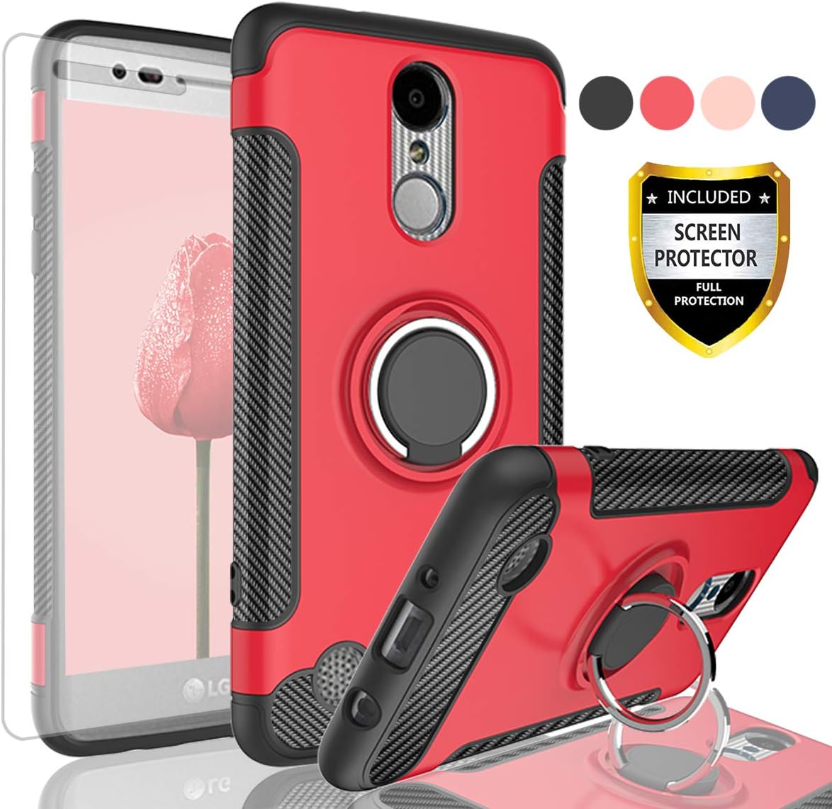 AYMECL LG Aristo Case,LG K8 2017 Case,Risio 2/Rebel 2 LTE/LG Phoenix 3/LG Fortune Case with HD Screen Protector, Rotating Ring Holder Dual Layer Shock Carbon Fiber Trim Cover for LG LV3-QV Red