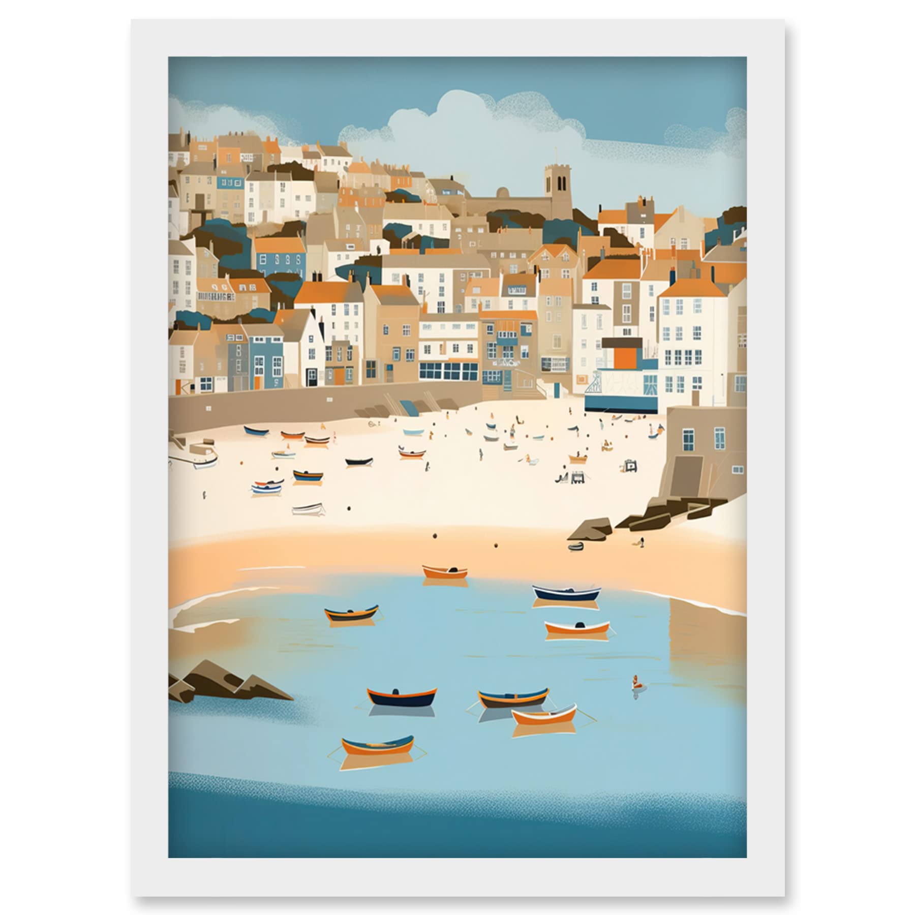 Artery8 Small Boats in St Ives Bay Coastal Cityscape Artwork Framed Wall Art Print A4