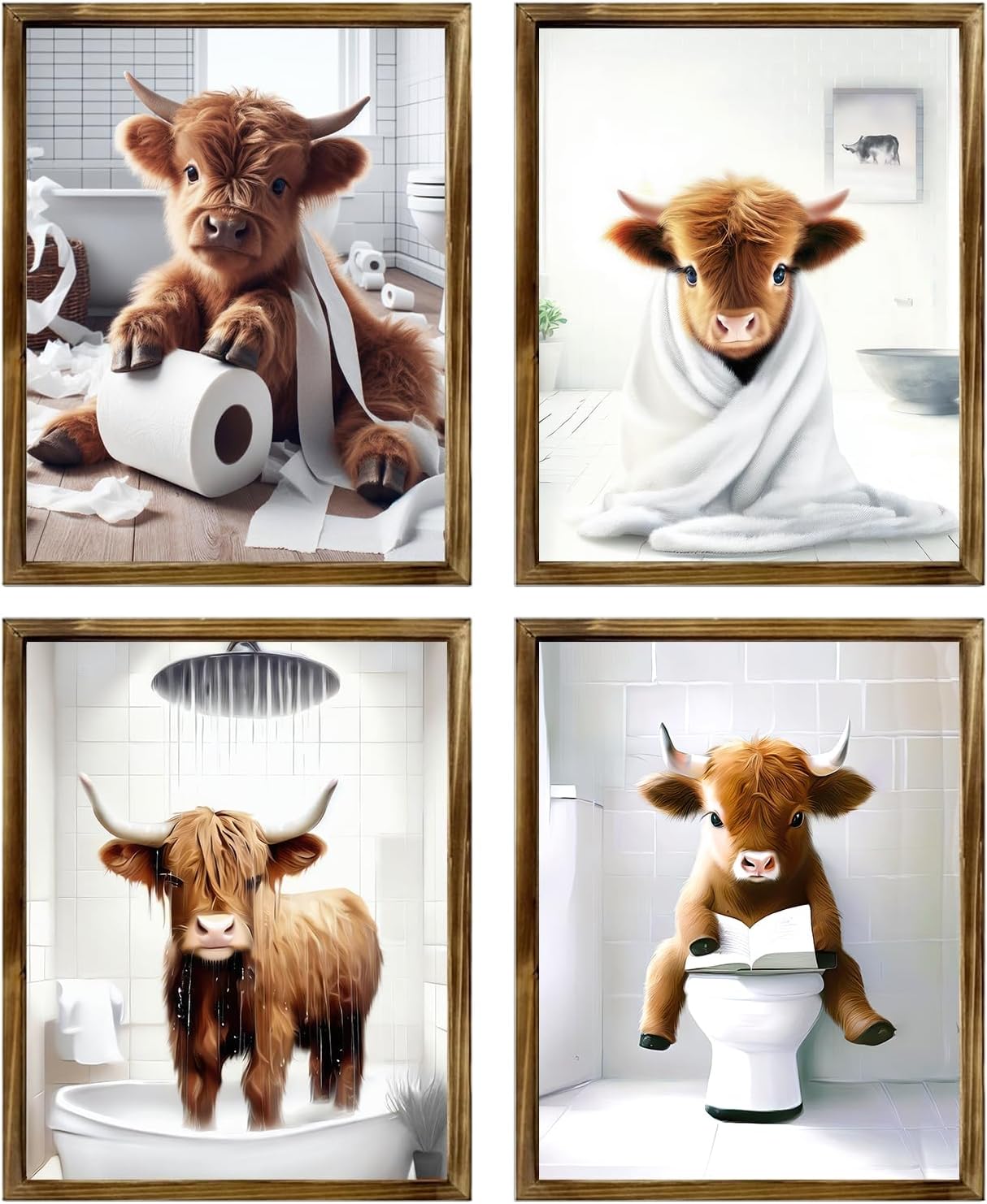 Wall Décor - TWNSLLA Highland Cow Funny Bathroom Decor Wall Art,Bathroom Highland Cow Art Prints,Rustic Farmhouse Bathroom Wall Decor,Funny Bathroom Signs Animal Canvas Wall Art,UNFRAMED,8x10inchx4pcs