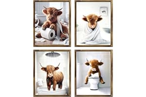 TWNSLLA Highland Cow Funny Bathroom Decor Wall Art,Highland Cow Art Prints,Rustic Farmhouse Bathroom Wall Decor,Funny Restroom Signs Animal Canvas Wall Art,UNFRAMED,8x10inchx4pcs