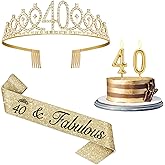 40th Birthday Decorations for Her with 40th Birthday Sash and Crown, Candles Gold, Gifts for 40 Year Old Woman