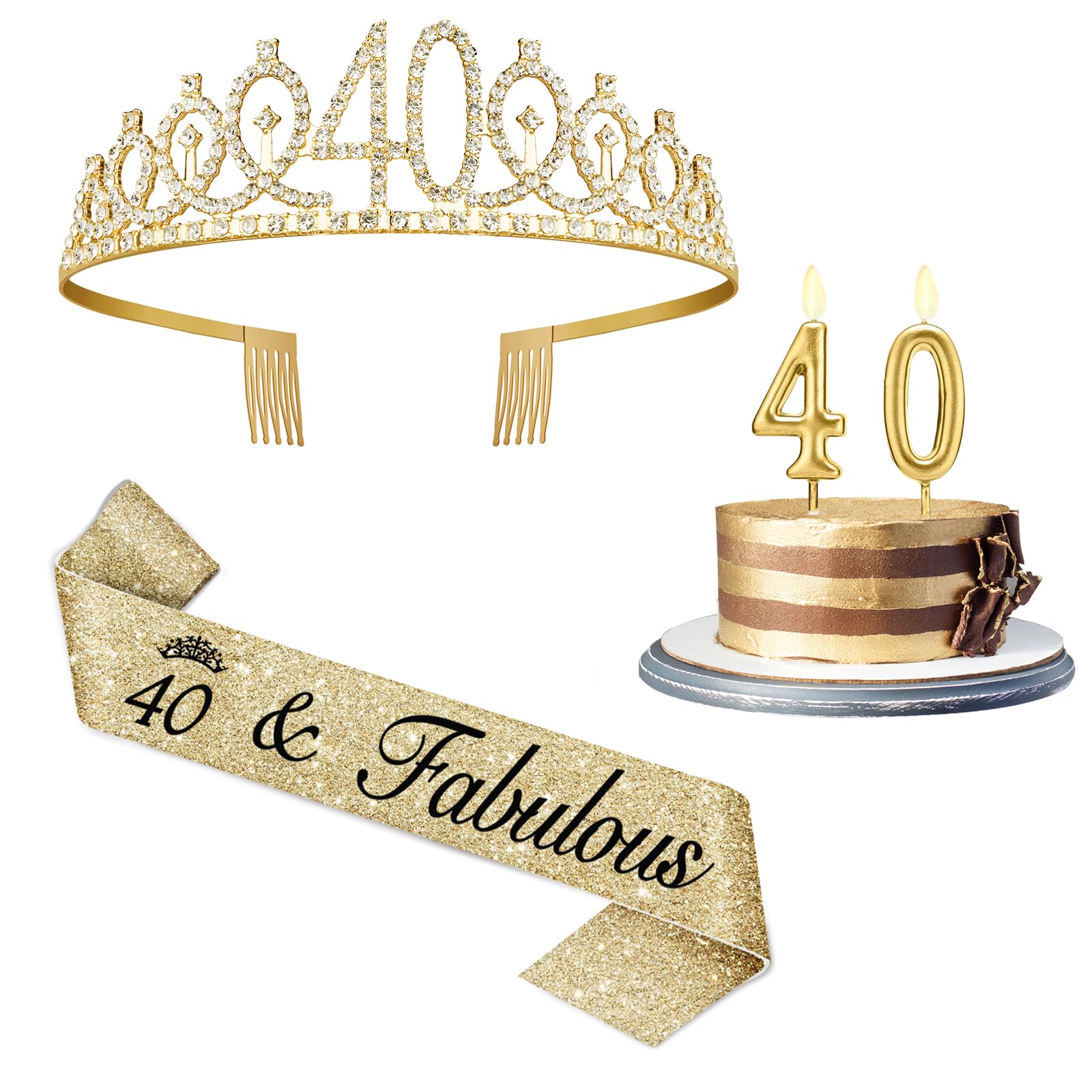 Photo 1 of 40th Birthday Decorations for Her with 40th Birthday Sash and Crown, Candles Gold, Gifts for 40 Year Old Woman