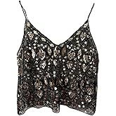 Women V Neck Sequin Cami Top Sexy See Through Strape Camisole Cute Beaded Top Going Out Party Outfits