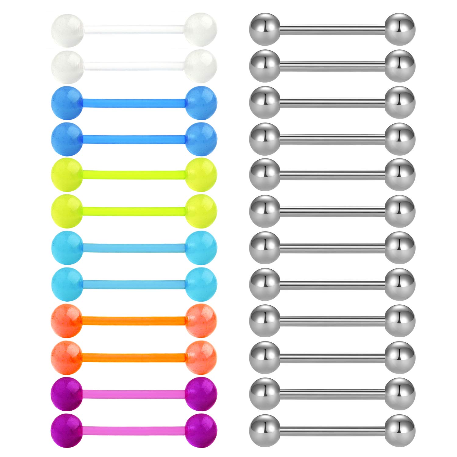 AceFun 14G Acrylic Bioflex Flexible Stainless Steel Straight Barbell Nipplerings Tongue Ring Piercing Retainer 5/8Inch 24PCS Grow in Dark