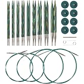Knit Picks Caspian Wood Interchangeable Knitting Needles Set - US 4-11 | 9 sizes of 4.75 inch long knitting needles in a green colorway, includes cables, end caps, and connectors.