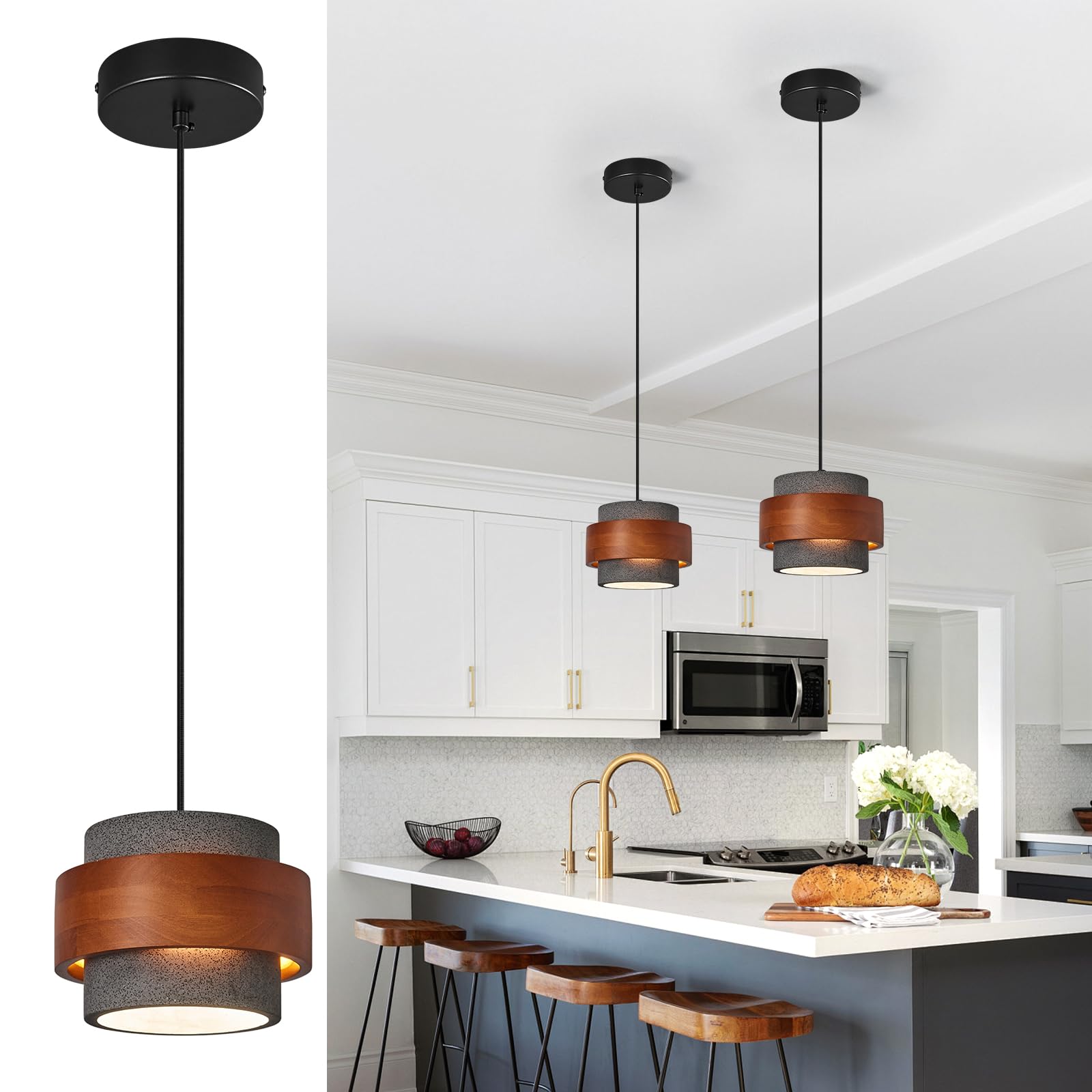 Photo 1 of JXJYHL Modern Cement Pendant Light Fixture,Concrete Pendant Lights with Wood Accent,Vintage Farmhouse Chandelier for Kitchen Island Dining Room Living Room Bedroom Restaurant Cafe,(Black 1-Pack)