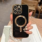 OOK Magnatic Case for iPhone 16 Pro Case [Compatible with MagSafe] Full Camera Lens Protector Gold Electroplate Edge Soft TPU Shockproof Protective Phone Case for Women Men 6.3 Inch - Black