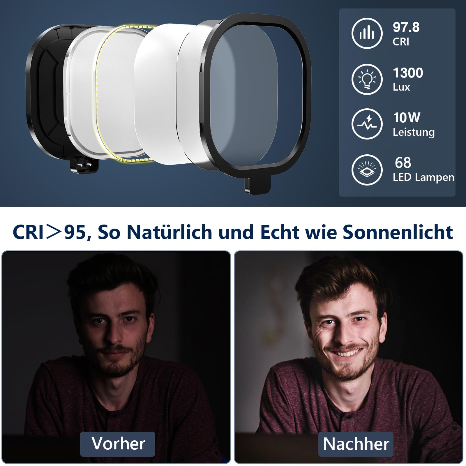 Schreibtischlampe LED für Videokonferenz, LitONES Dimmbar Tisch Ringlicht mit Stativ Handy - 3 Lichtfarben + 10 Helligkeiten, CRI 97.8 Augenschutz Bürolampe für Home-Office, Streaming, Webcam, Laptop 2