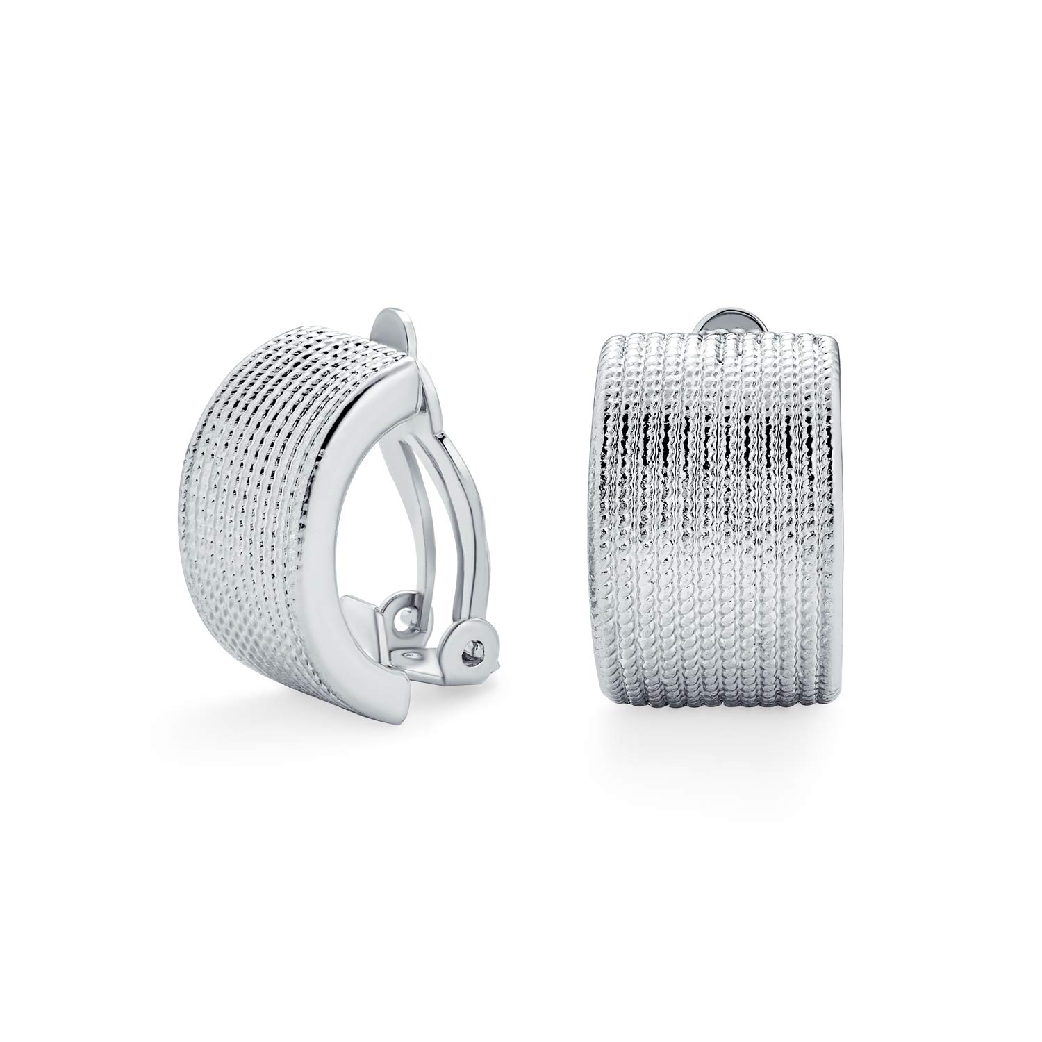 Casual Twisted Grooved Cable Rope Stripe Wide Half Hoop Clip On Earrings For Women Non Pierced Ears Silver Tone Plated