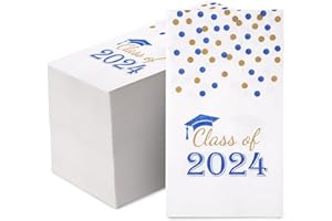HUNANYUME 100 Pcs Class of 2024 Graduation Paper Napkins, 3-Ply Congrats Grad Disposable Hand Towels, Dinner Guest Napkins for School University College Graduation Party Decoration (Blue and Gold)