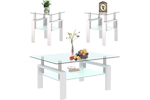 SYBRIOKA Glass Coffee Table Sets of 3 for Living Room, Mordern End Table Sofa Side Tables with Storage, Black Metal Leg, Rectangle Tempered Center Table Home Furniture Set (White)
