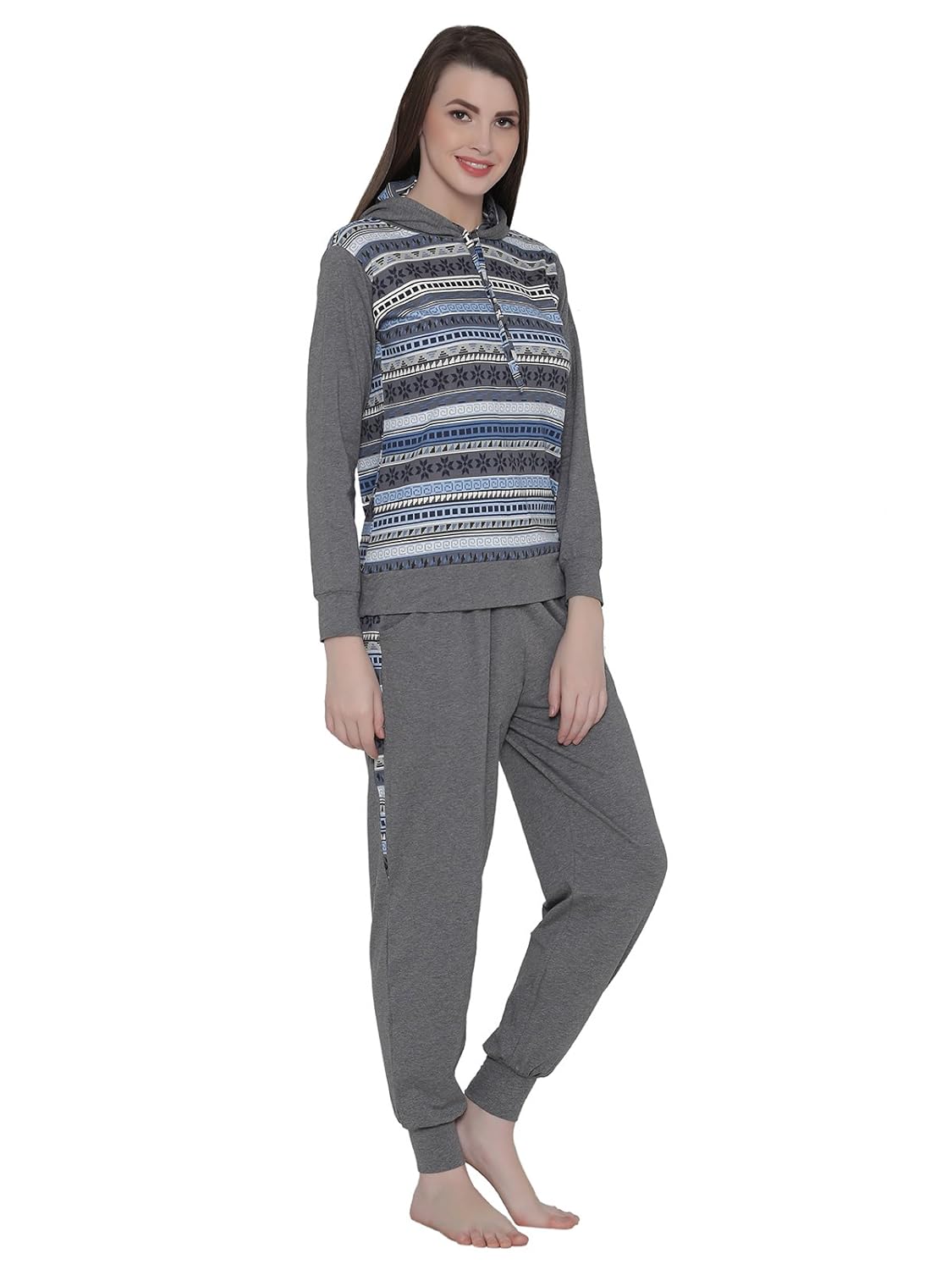clovia women's cotton rich hooded printed top & pyjama