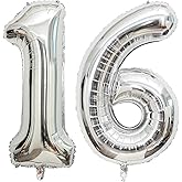 40 Inch Silver 16 Number Balloons Giant 16 or 61 Balloons Silver Birthday 16 Balloons 16th Birthday Anniversary Party Decorations Supplies