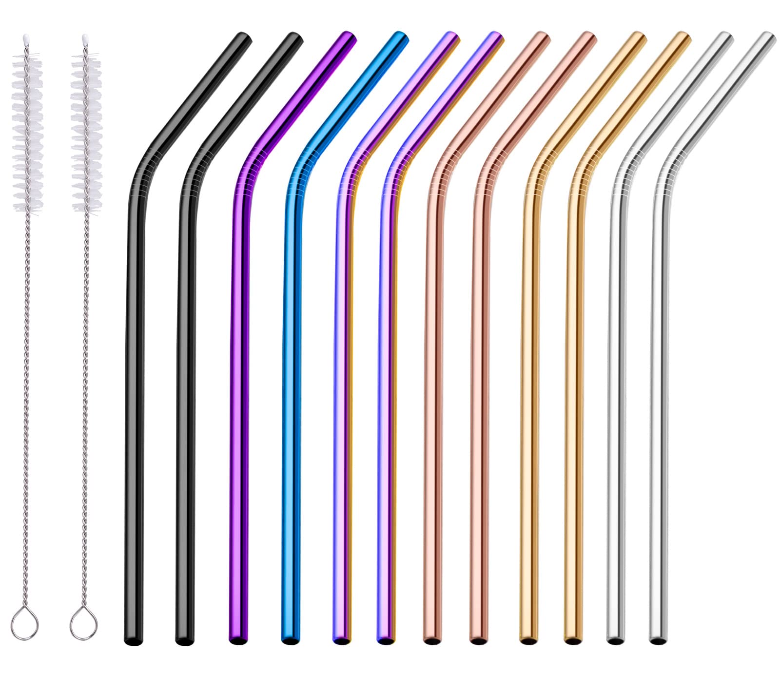 12 Pcs Metal Straws - Reusable Stainless Steel Straws, Curved & Coloured, 2 Cleaning Brushes, Smoothie, Cocktail, Hot Drinks