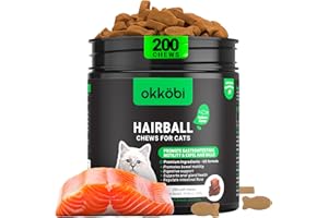 OKKÖBI Cat Hairball Remedy Treats - 200 Chews - Cat Hair Ball - Supports Digestion, Skin & Coat Health - Hairball Control for Kitty - Helps to Prevent Furball - Salmon Flavor