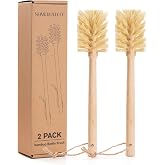 SAMEBUTECO Bamboo Cup Cleaning Brush Set of 2 &ndash; 11.3 Inch Sisal Bristle | Natural 2 pack, Flat Head Design, Wooden Handle with Hanging Hole &amp; Rope for Cups, Mugs, Glasses, Water Bottles,Box package