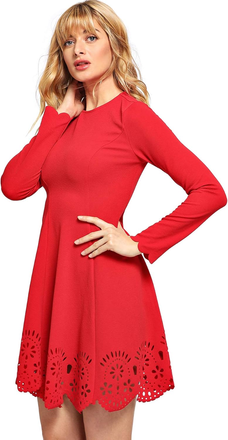 Romwe Women's Scalloped Hem Stretchy Knit Flared Skater A-line Dress at  Women’s Clothing store