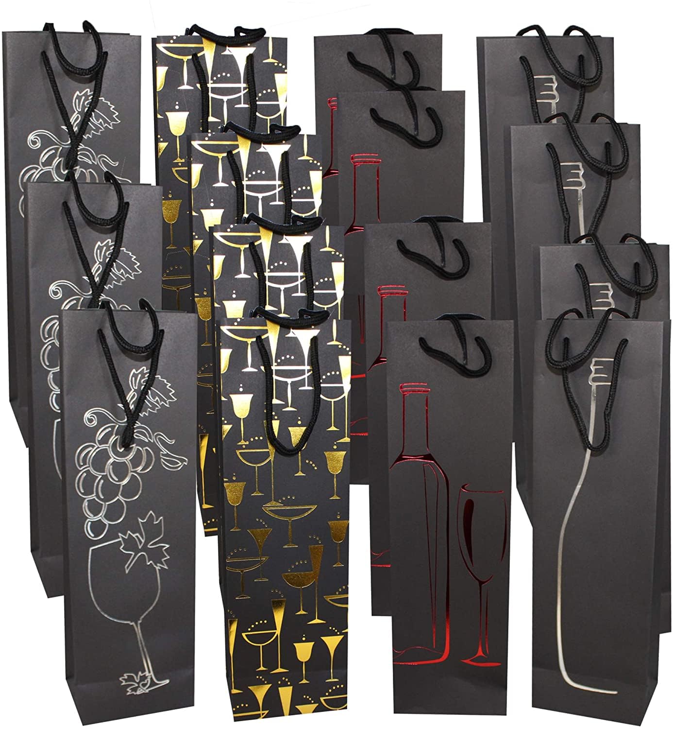 MATANA 15 Premium Wine Gift Bags - 4 Black Designs with Strong Rope Handles and Sturdy Paper - 39cm / 15"
