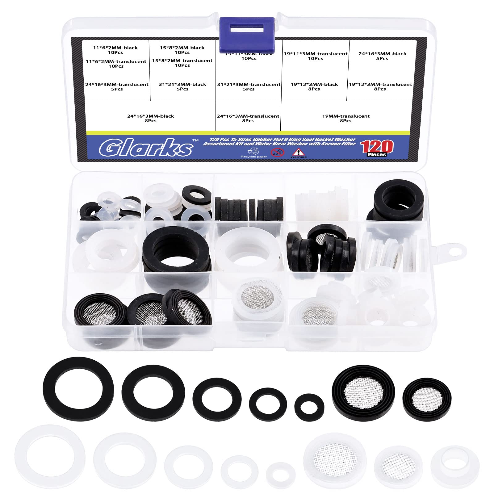 Glarks 120Pcs 8 Sizes Plumbing Rubber Washers and Silicone Hose O Ring Flat Gasket Assortment Kit for Faucet Brass Garden Hose Tub Shower Hose Head Filter Faucet Pipe Valve Tube Connect