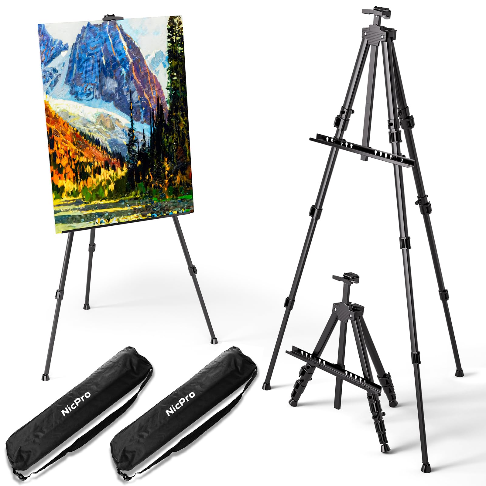 Nicpro 2 Pack Artist Easel Stand, Adjustable Height 17" to 63" Aluminum Metal Tripod Easel for Table Top & Floor, Painting Easel for Display, Posters, Signs Artwork & Trade Exhibitions with Bag(Black)