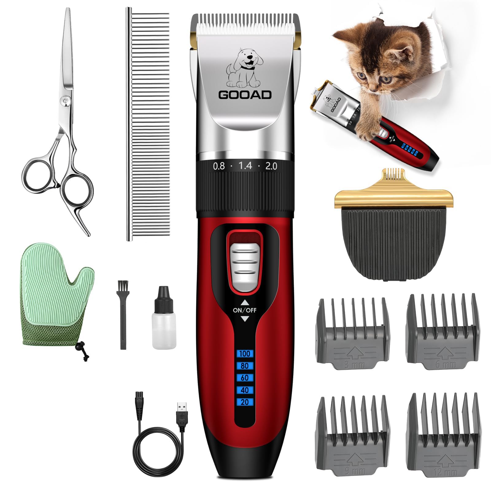 Gooad Cat Clippers for Matted Hair, Cat Grooming Kit, Cordless Cat Shaver for Long Hair, Low Noise Paw Trimmer, Cat Hair Trimmer for Grooming,Quiet Pet Hair Clippers Tools for Cats Dogs (Red)