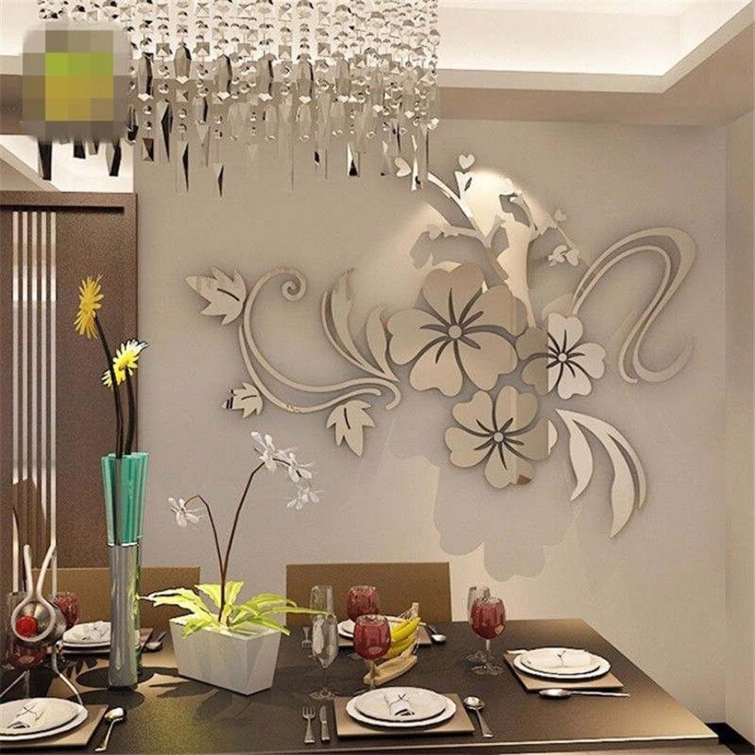 Quaant Wall Sticker,3D Mirror Floral Art Removable Wall Sticker Acrylic Mural Decal Home Room Decor Home Cute Wall Art Decoration (Silver)