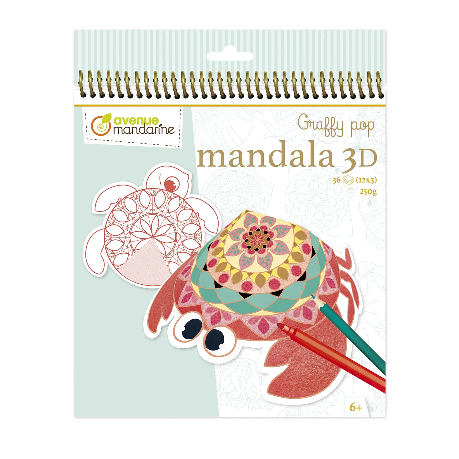 Avenue Mandarine - Ref GY094C - Graffy Pop 3D Mandala Colouring Book - Animals of the Sea - 36 Pre-Cut Colouring Pages, 12 Designs, 250gsm Micro-Perforated Paper, Suitable for Ages 6+