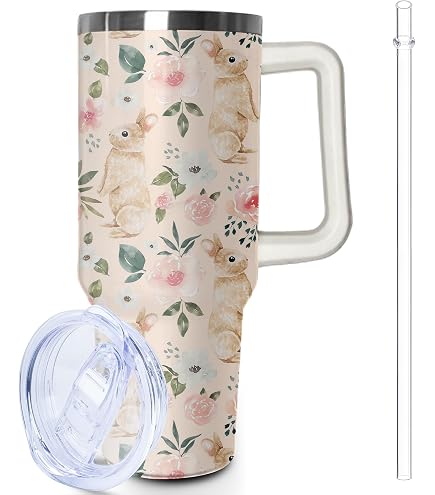 Zbnisiw 40 Oz Easter Tumbler With Handle & Straw - Vacuum Insulated Stainless Steel Cup With Eggs & Floral Design