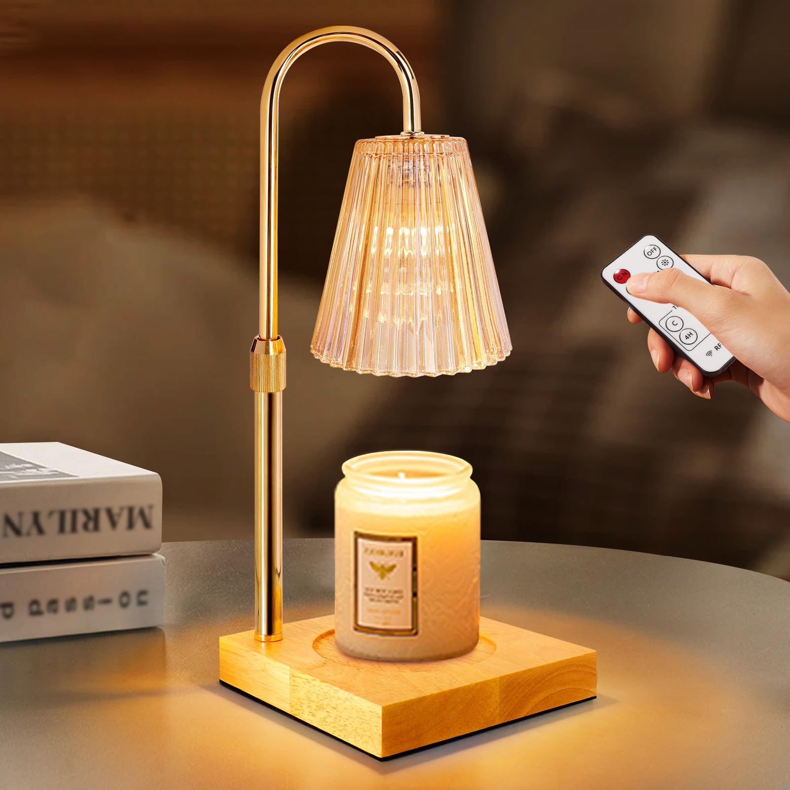 OKYUK Candle Warmer Lamp, Remote Control, Latest Upgraded Candle Lamp Warmer with 2-4-8H Timing, 4-Level Dimming, Height Adjustable, 2 Bulbs for Home Decor Christmas Gifts for Mom(Champagne Timer)