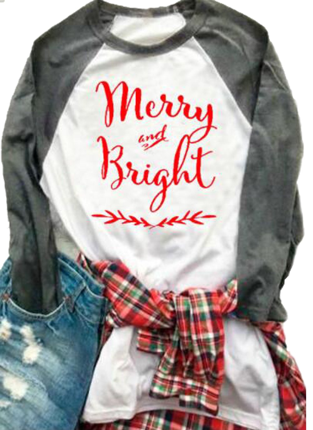 Women Christmas Reindeer Graphic T-Shirt Cute Casual Xmas Plaid Long Sleeve Raglan Baseball Tee Shirts