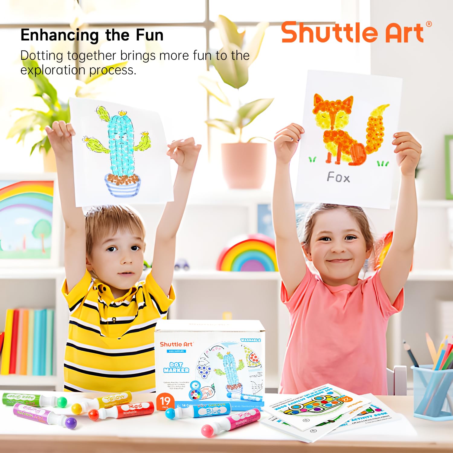 Shuttle Art Dot Markers, 14 Colors Bingo Daubers with 135 Patterns, 5 Activity Books, Educational Set With Art Activities,Non-Toxic Washable Coloring Markers