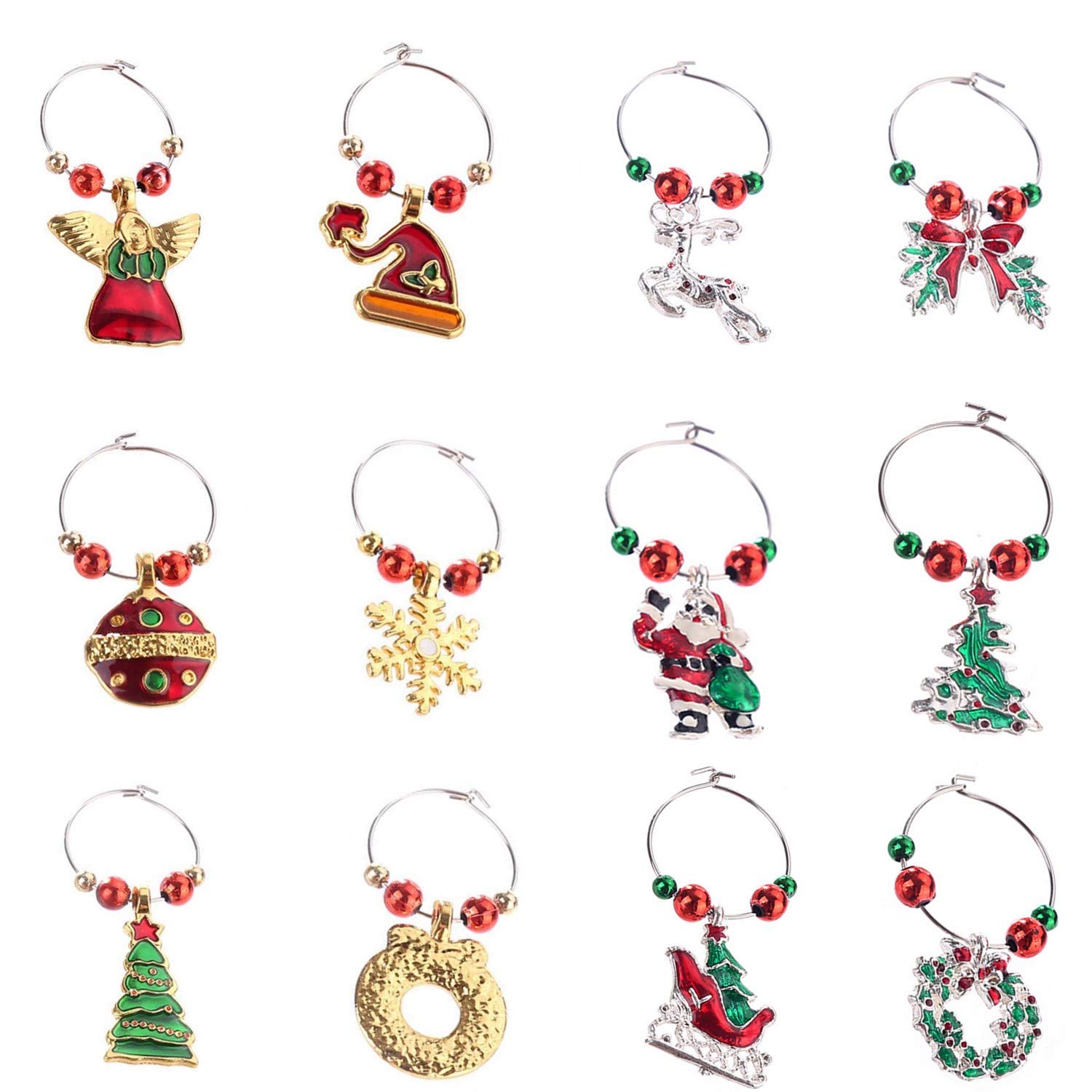 COSORO 12Pcs Multi Colour Xmas Wine Charms - Music Characters Wine Glass Markers - Iron, 2.5-3CM, Handmade, Perfect for Christmas Party & Decorations