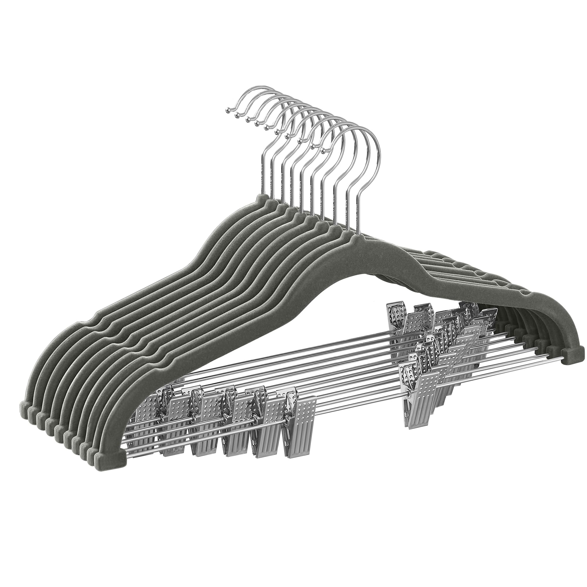 SONGMICS Trouser Hangers, Set of 10 Velvet Hangers with Adjustable Clips, 42.5 cm Long, Non-Slip, Space-Saving, for Skirts, Coats, Dresses, Grey CRF012G10