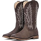 IUV Cowboy Boots For Women Square Toe Wide Western Boots Mid Calf Cowgirl Boots Pull On Embroidered Brown Cowboy Boots