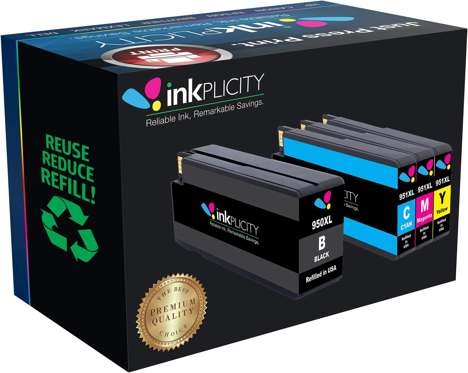 Inkplicity Refilled Ink Cartridge Replacement for HP 950XL-951XL (Black, Cyan, Magenta, Yellow, 4-Pack)