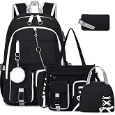 ACESAK 4PCS Teen Girls Backpack with Lunch Bag Tote Bag,Black | Y2K Aesthetic Kids Backpack with Tote Bag Set,Girls Backpack with USB Charging Port for Elementary Middle High School College