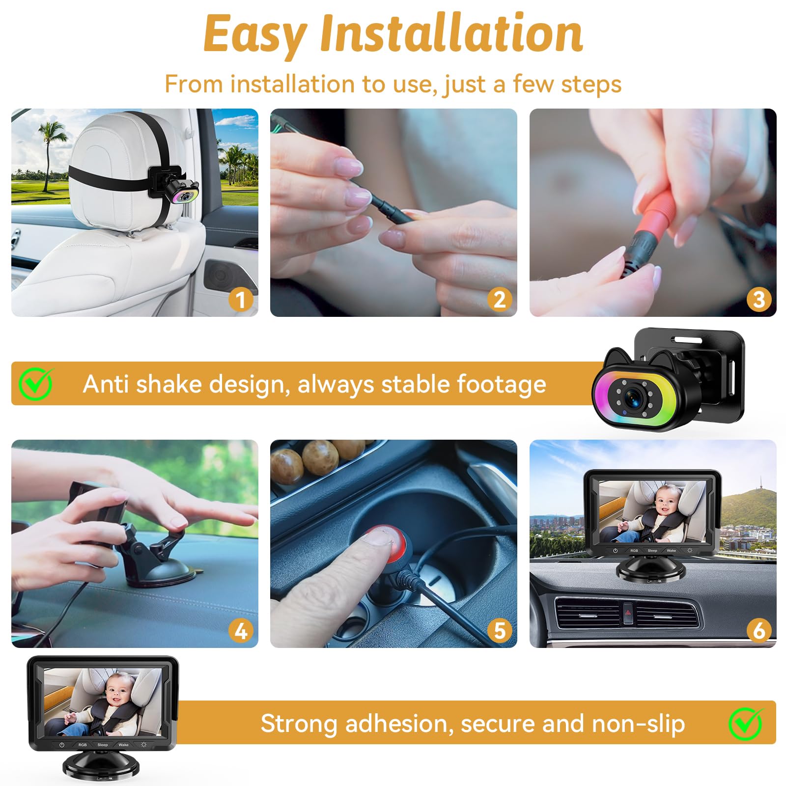 Wkzay Baby Car Camera for Backseat – HD 1080P, 150° Wide Angle, Night Vision, Easy Installation, Adjustable LED Light, 4.3” LCD Display, Anti-Glare