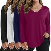 Sweetyweee 4 Pack Women's Plus Size T Shirts Long Sleeve V Neck Tops Basic Loose Fit Curved Hem Tunic Clothes