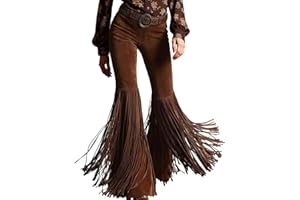 Suede Pants for Women Tassel Stretchy Wide Leg Flared Leggings Vintage Western Outfits Faux Suede Fringe Pants for Cowgirl