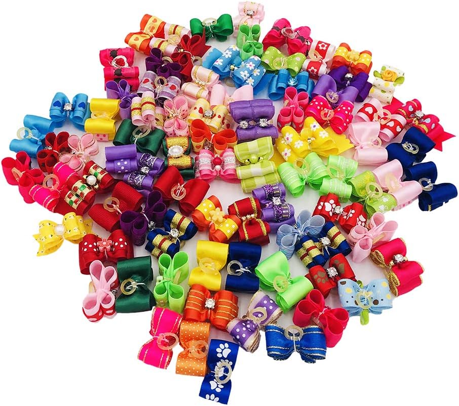 JpGdn 50pcs Dog Hair Bows with Elastic Rubber Bands Pet Hair Topknot for Small Medium Doggy Puppy Cat Kitten Rabbit Pet Girl Festival Attachment Grooming Accessories Color Random